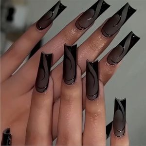 24 Piece Long Square Shape Press on Nails With Black Wave Pattern Design